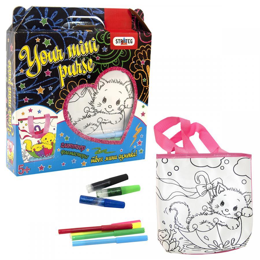 Купить НАБОР ДЛЯ ТВОРЧЕСТВА STRATEG СУМКА-РАСКРАСКА КОТЕНОК НА РУССКОМ ЯЗЫКЕ (2044)_1