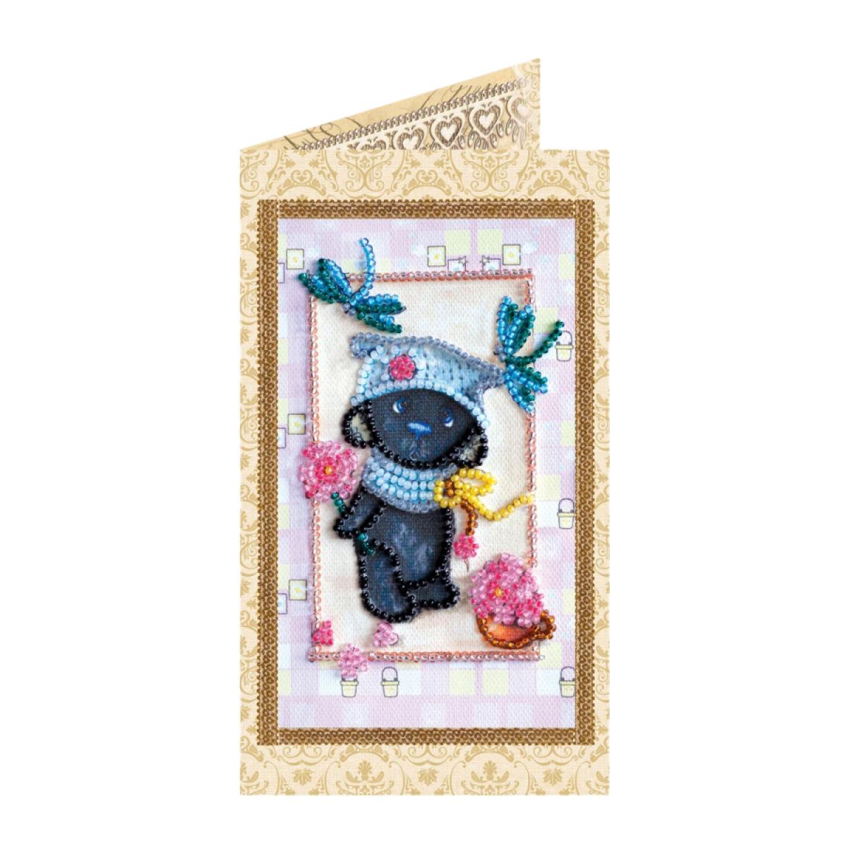 Набор-открытка для вышивки бисером Мишка Тедди и стрекозы, медвежонок с цветами, Abris Art (AO-108)
