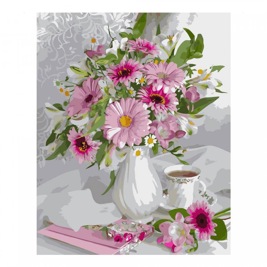 Придбати КАРТИНА ЗА НОМЕРАМИ STRATEG БУКЕТ З РОЖЕВИХ ГЕРБЕРІВ НА КОЛЬОРОВОМУ ФОНІ РОЗМІРОМ 40Х50 СМ (VA-2539)